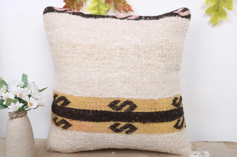 Throw Kilim Pillow, Ethnic Pillow Cover, Cushion, Ethnical Kilim Rug Pillow, 16x16 Beige Cushion Case, Pillow for Couch, Turkish Bench Cushion - 2