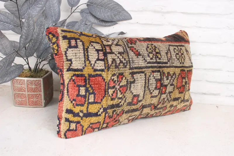 Throw Kilim Pillow, Pillow Sham, Ethnic Cushion Cover, Vintage Kilim Throw Pillow, 12x20 Yellow Pillow, Pillow for Sofa - 3