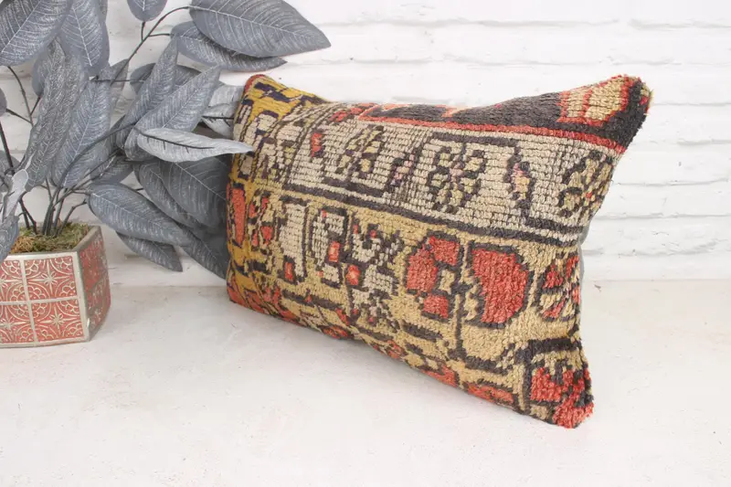 Throw Kilim Pillow, Pillow Sham, Ethnic Cushion Cover, Vintage Kilim Throw Pillow, 12x20 Yellow Pillow, Pillow for Sofa - 4