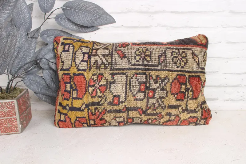 Throw Kilim Pillow, Pillow Sham, Ethnic Cushion Cover, Vintage Kilim Throw Pillow, 12x20 Yellow Pillow, Pillow for Sofa - 1