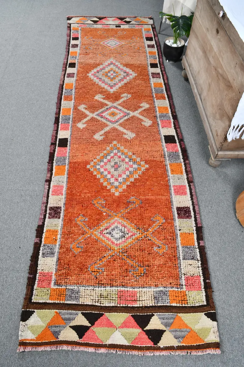 Orange Patchwork Rug, 2.9x9.8 ft Beige Accent