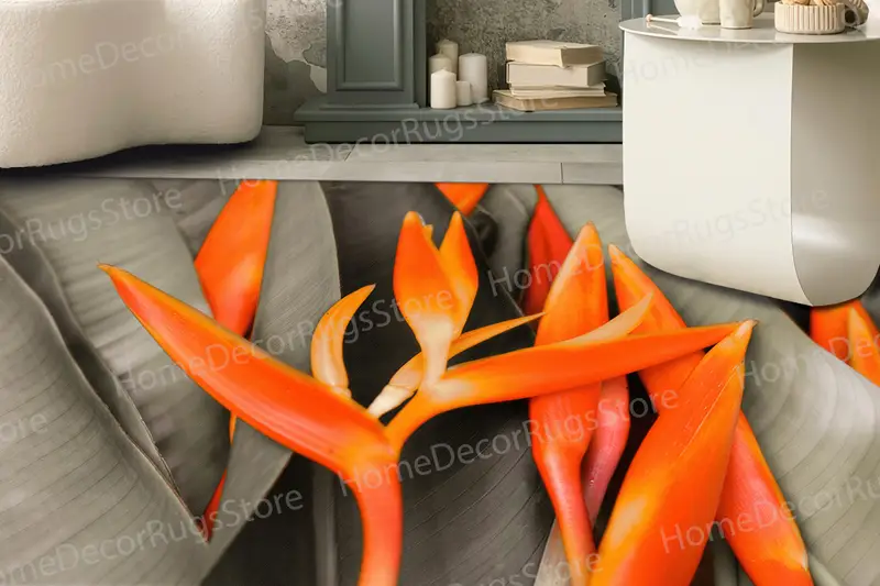 オレンジ リーフ プリント ラグ: モダン、トレンディ、鮮やかな室内装飾