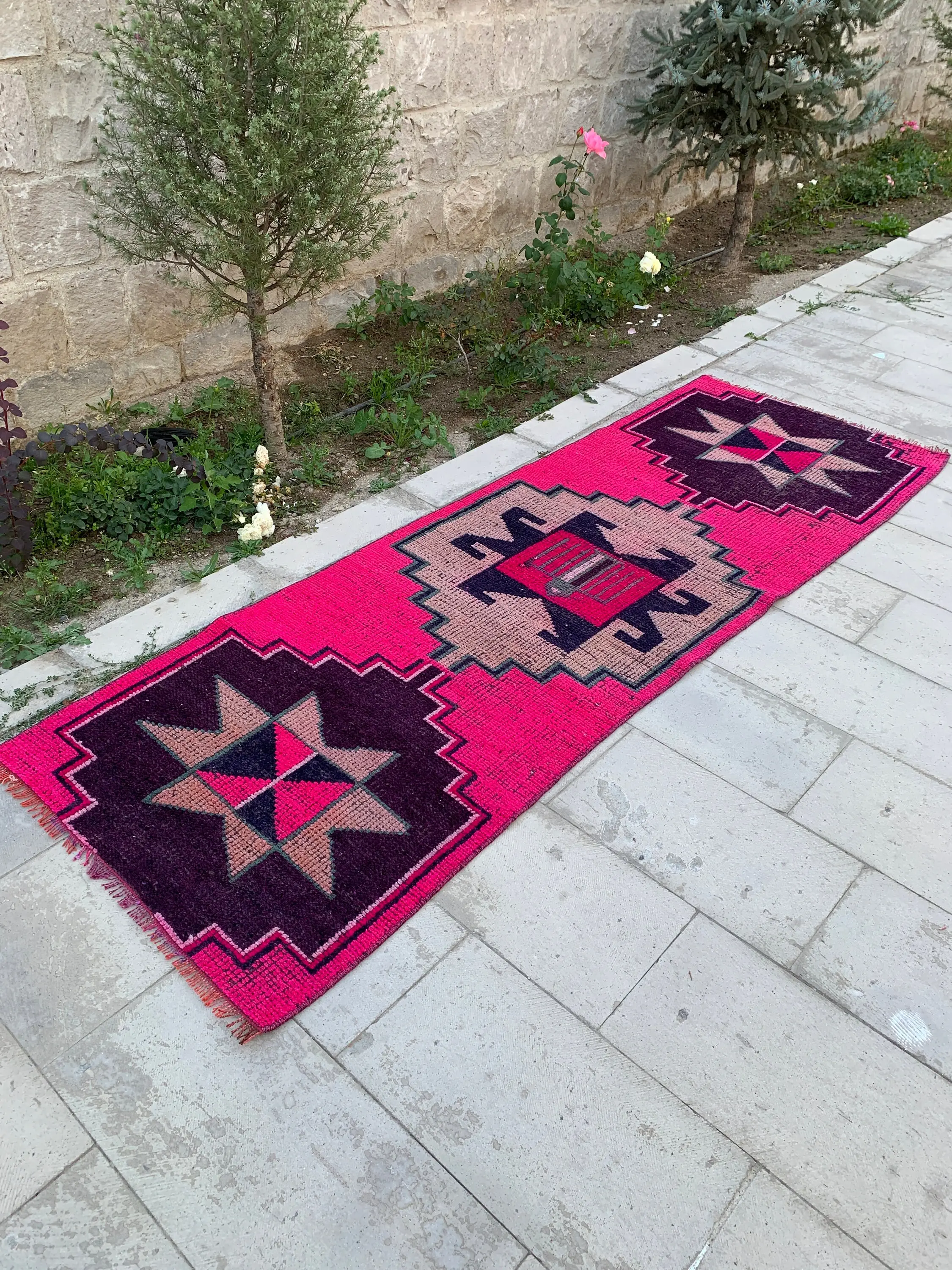 3x8.8 ft Turkish Rug, Vintage Runner Rug, Red Purple Oriental Wool Rug - 1