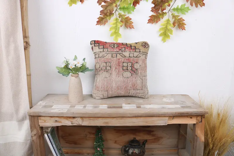 Cushion Case, Accent Throw Cushion Case, Handmade Kilim Cushion, Boho Pillow, Kilim Pillow, 12x12 Red Cushion Cover, Bright Cushion - 1