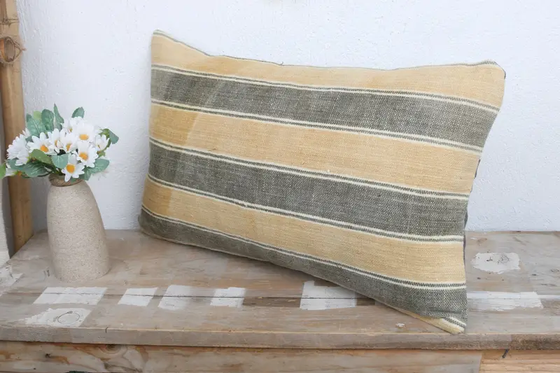 Farmhouse Cushion Case, Cushion, Cotton Cushion Case, Handmade Kilim Cushion, 12x20 Yellow Cushion Cover, Throw Kilim Pillow, Vintage Pillow - 4