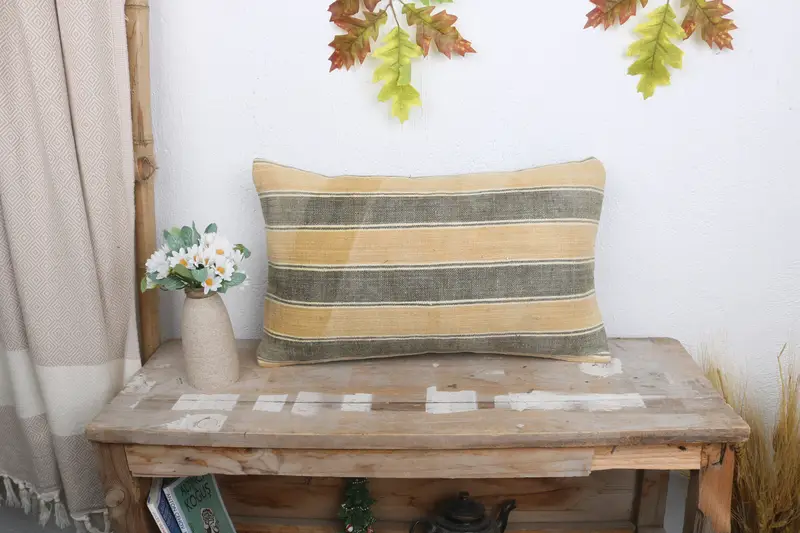 Farmhouse Cushion Case, Cushion, Cotton Cushion Case, Handmade Kilim Cushion, 12x20 Yellow Cushion Cover, Throw Kilim Pillow, Vintage Pillow - 1