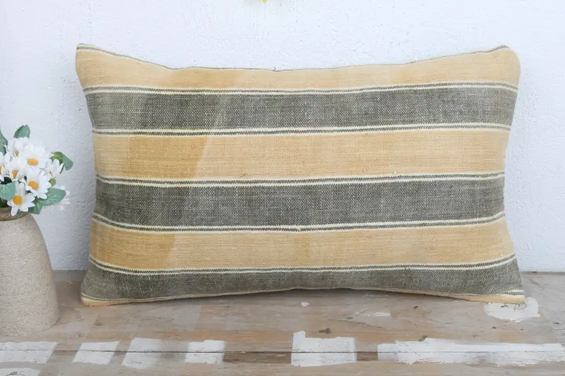 Farmhouse Cushion Case, Cushion, Cotton Cushion Case, Handmade Kilim Cushion, 12x20 Yellow Cushion Cover, Throw Kilim Pillow, Vintage Pillow - 2