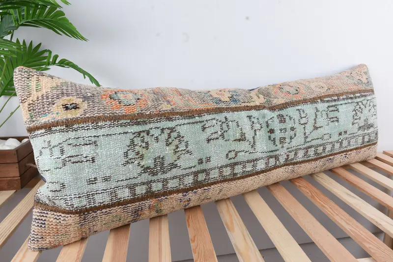 Ethnical Kilim Rug Pillow, Pillow for Couch, Cushion Cover, Turkish Bench Cushion Case, Boho Pillow, 16x48 Green Pillow, Authentic Pillow Cover - 4