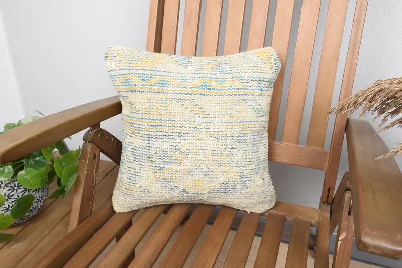 Türk Küçük Kare Euro Sham, Yün Fas 35x35 cm Sarı Kırlent Kılıfı - 1