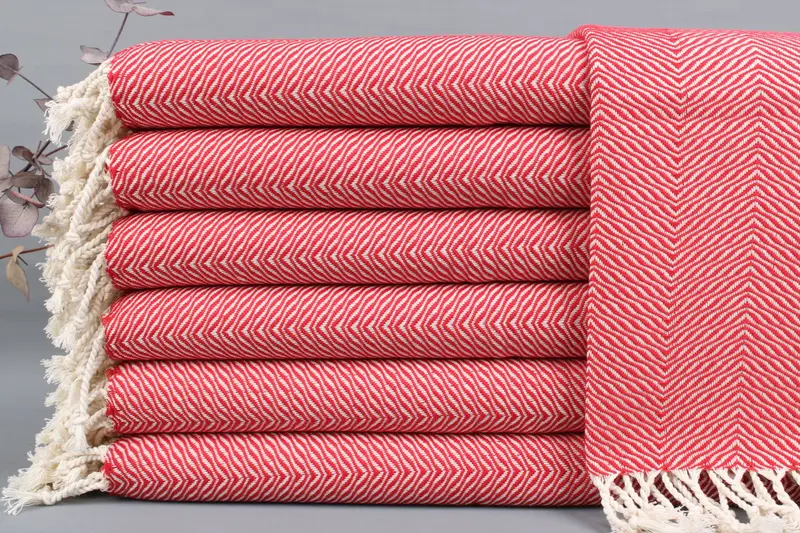 Turkish Tea Towel Chevron Red, Embroidered, 20x40 Inches, Beige