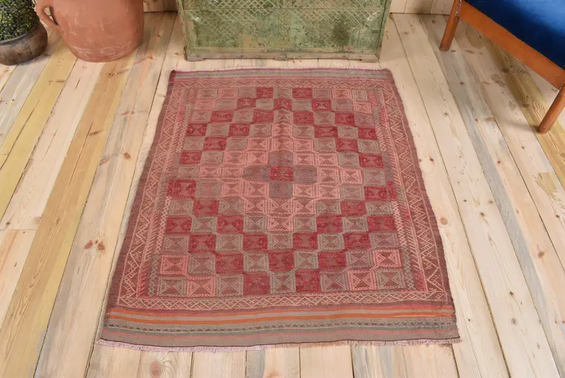Bronze & Red Check Rug, 3,3x4,1 ft Chic Decor