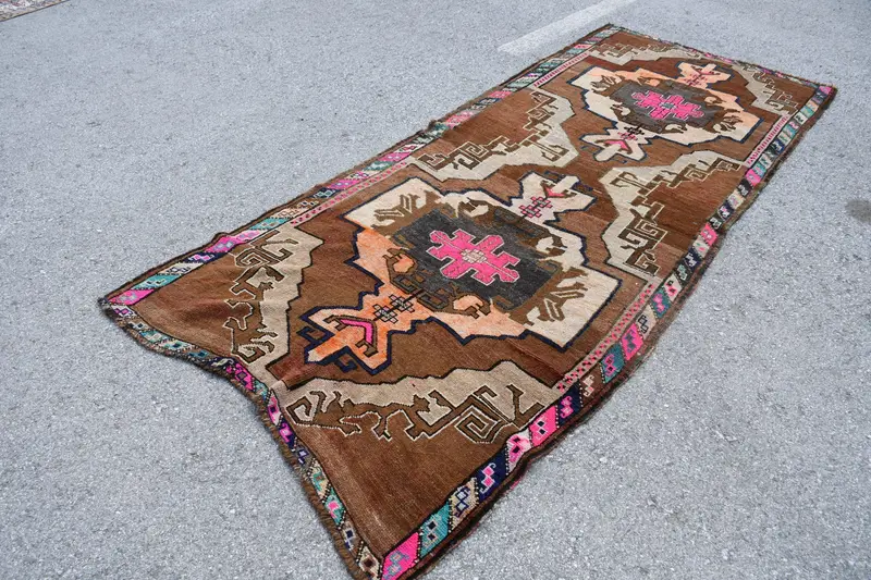 Turkish Runner Rug, 4.3x10.8 ft Vintage Rug, Brown Oriental Wool Rug - 1