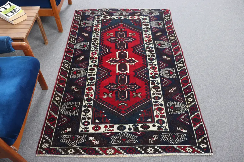 Vintage Turkish Rug, 3.9x6.2 ft Oushak Rug, Red Area Bordered Rug - 1
