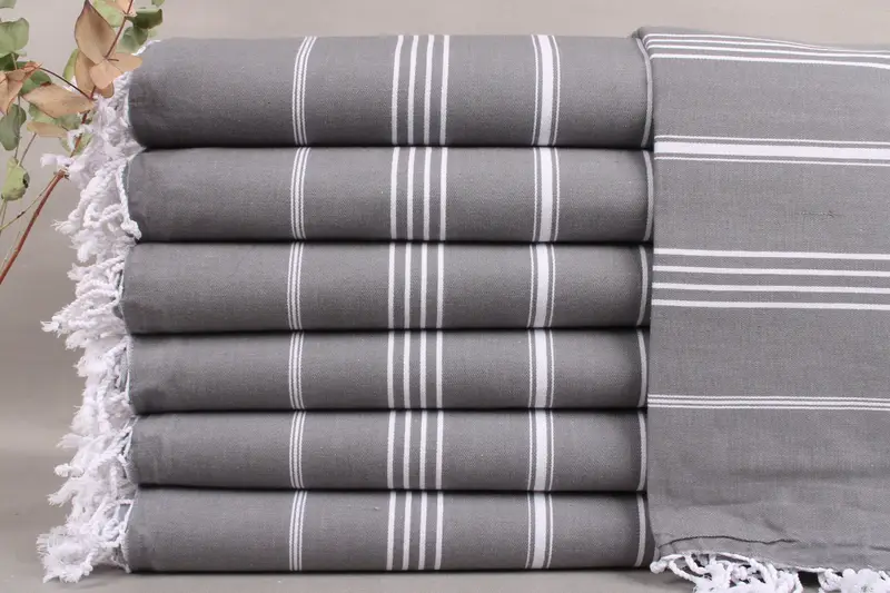 Organic Beach Towel Dark Gray Striped Peshtemal, Beige, 38x73 Inches