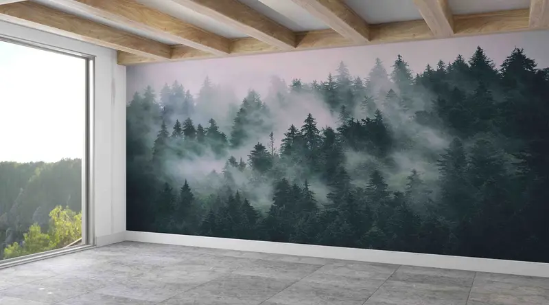 Papel pintado impreso con paisaje de bosque de montaña brumoso - Decoración elegante de la naturaleza
