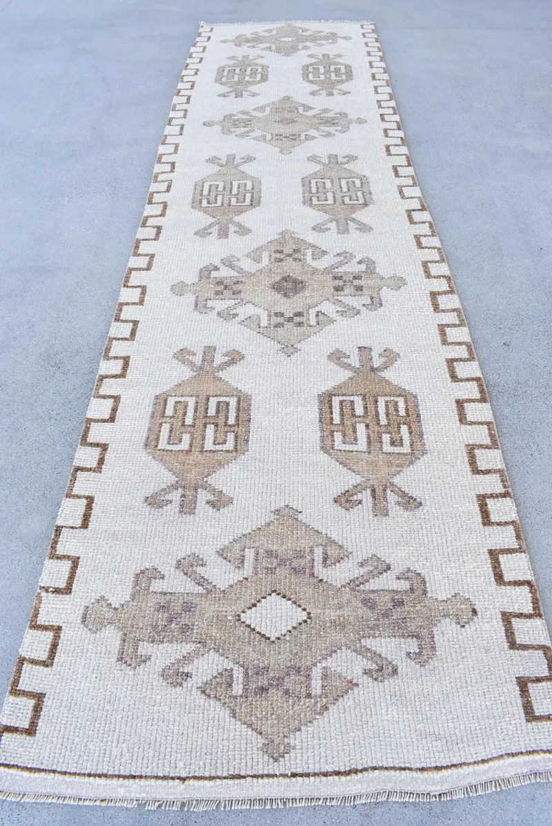 Vintage Runner Rug, 3.2x12.3 ft Turkish Rug, Beige Bordered Wool Rug - 1