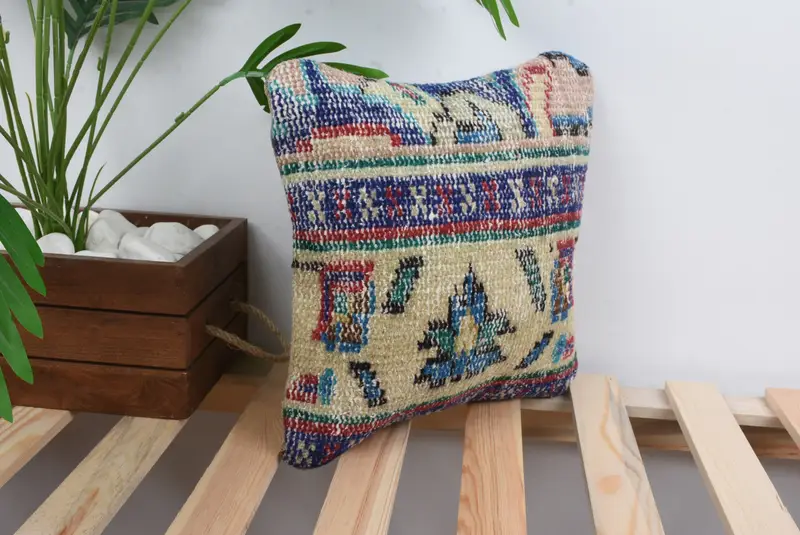 Boho Pillow, Comfy Throw Pillow Case, Customized Pillow, Ethnical Kilim Rug Pillow, Cushion Cover, Turkish Kilim Pillow, 12x12 Blue Cushion - 4