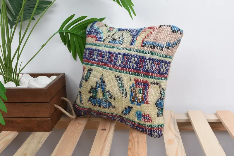 Boho Pillow, Comfy Throw Pillow Case, Customized Pillow, Ethnical Kilim Rug Pillow, Cushion Cover, Turkish Kilim Pillow, 12x12 Blue Cushion - 5