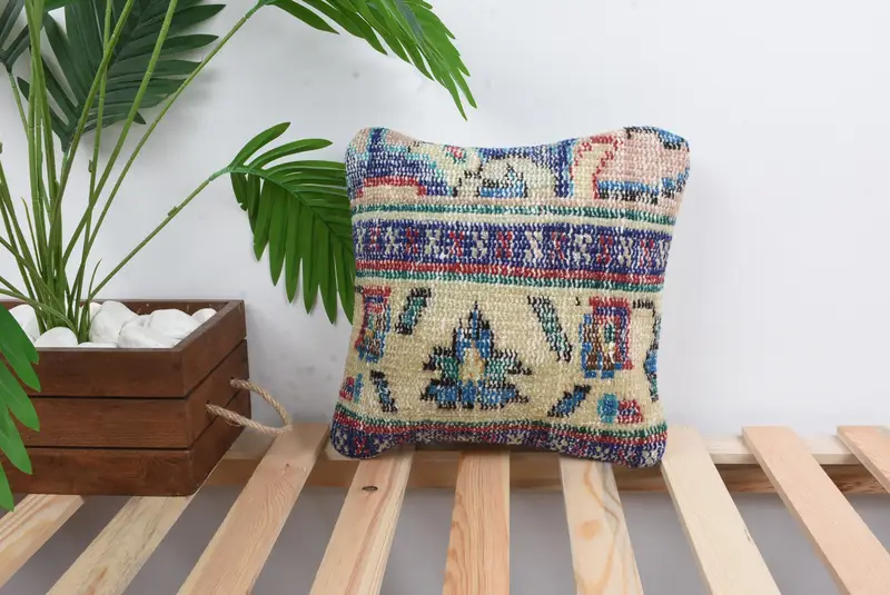 Boho Pillow, Comfy Throw Pillow Case, Customized Pillow, Ethnical Kilim Rug Pillow, Cushion Cover, Turkish Kilim Pillow, 12x12 Blue Cushion - 1