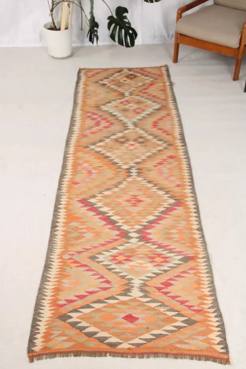 Türk 2.8x9.5 ft Halı, Vintage Runner Halı, Turuncu İkat Halı - 1