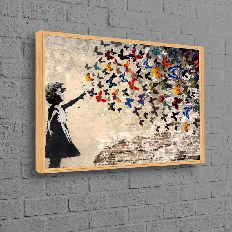 Modern Butterfly Girl Canvas: Dreamy Banksy-Inspired Art Print