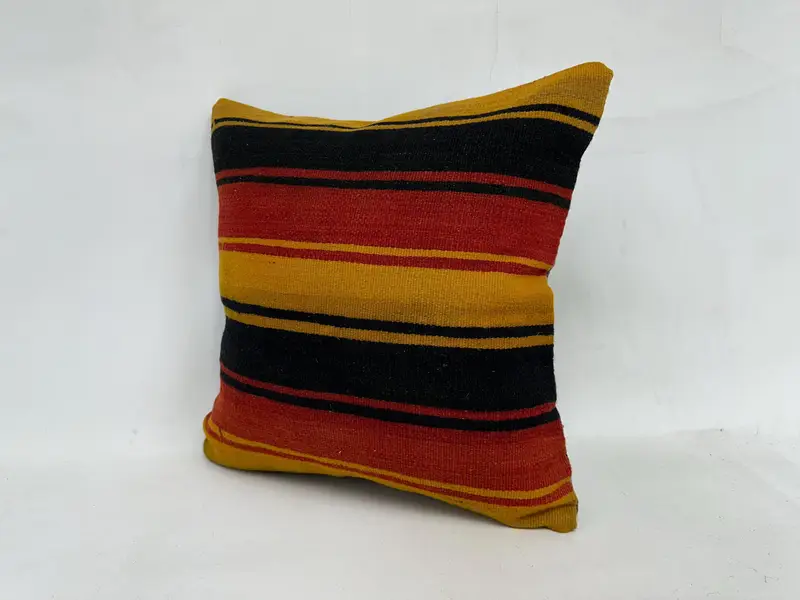 Red & Yellow Striped Throw Pillow, 20x20 Inches, Embroidered Cotton Cushion - 4