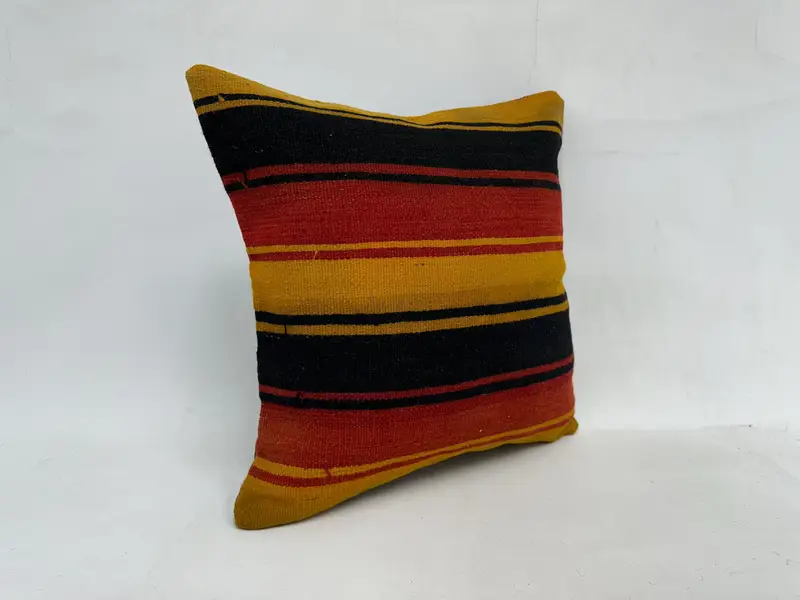 Red & Yellow Striped Throw Pillow, 20x20 Inches, Embroidered Cotton Cushion - 3
