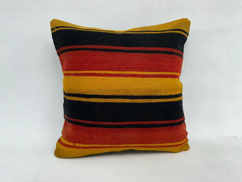 Red & Yellow Striped Throw Pillow, 20x20 Inches, Embroidered Cotton Cushion - 1
