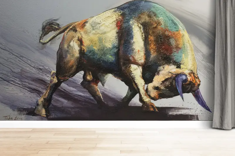 Animal Wall Mural,Bull Paintign Print,Custom Wall Paper,Abstract Bull Wallpaper,Paper Wall Art ,3d Wall Paper,Modern Wall Print, - 1