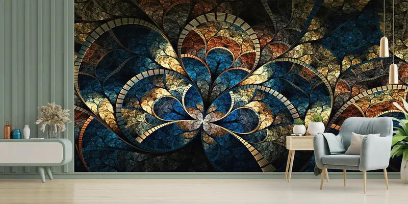 Trendige Gold-Fraktal-Tapete: Psychedelischer Mosaik-Schimmer