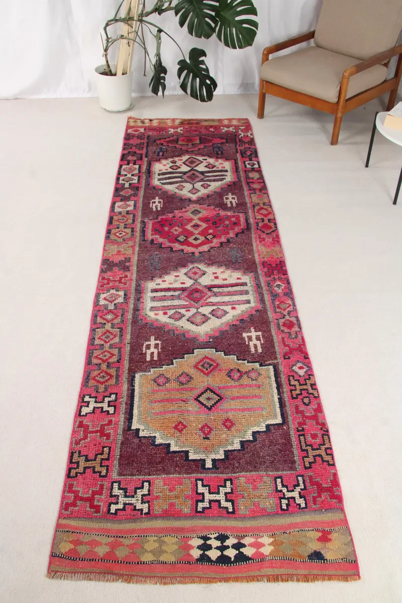 Turkish Runner Rug 3x10.8 ft (92x328 cm), Herki Red Ombré Vintage Rug - 1