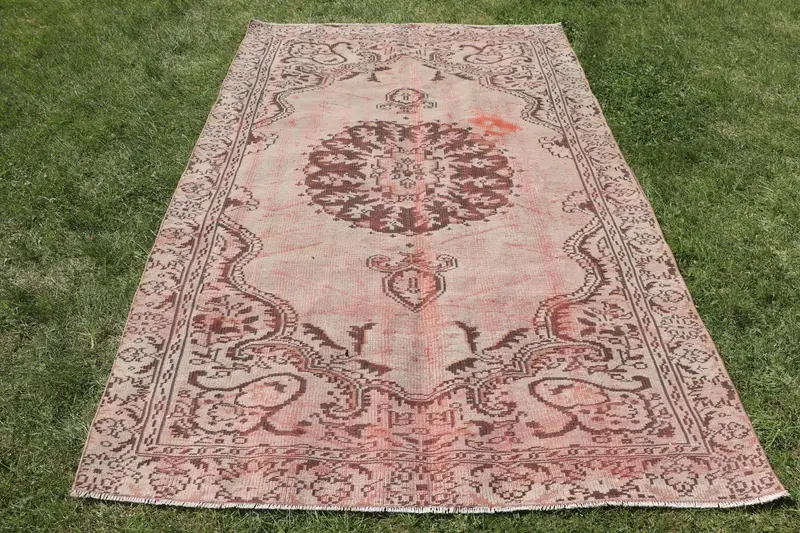 El Yapımı 5x7 ft Kilim, Bej ve Kahverengi Çiçek-Geometrik