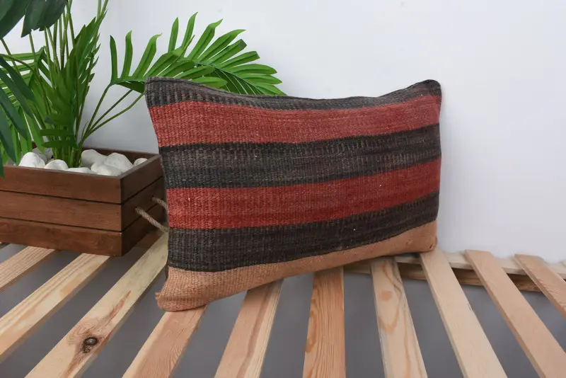 Ethnical Kilim Rug Pillow, Hippie Throw Pillow Cover, Tapestry Pillow, Vintage Pillow, Cushion, 12x20 Brown Pillow Sham, Kilim Cushion Sham - 4