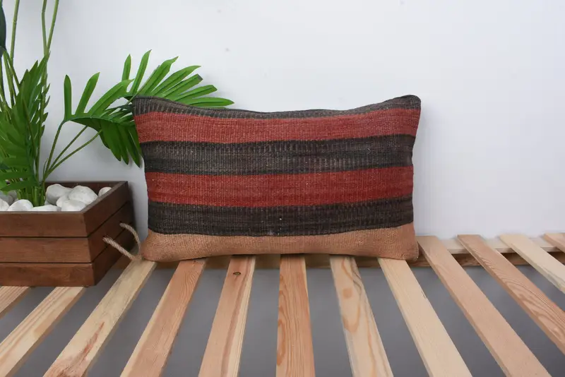 Ethnical Kilim Rug Pillow, Hippie Throw Pillow Cover, Tapestry Pillow, Vintage Pillow, Cushion, 12x20 Brown Pillow Sham, Kilim Cushion Sham - 1
