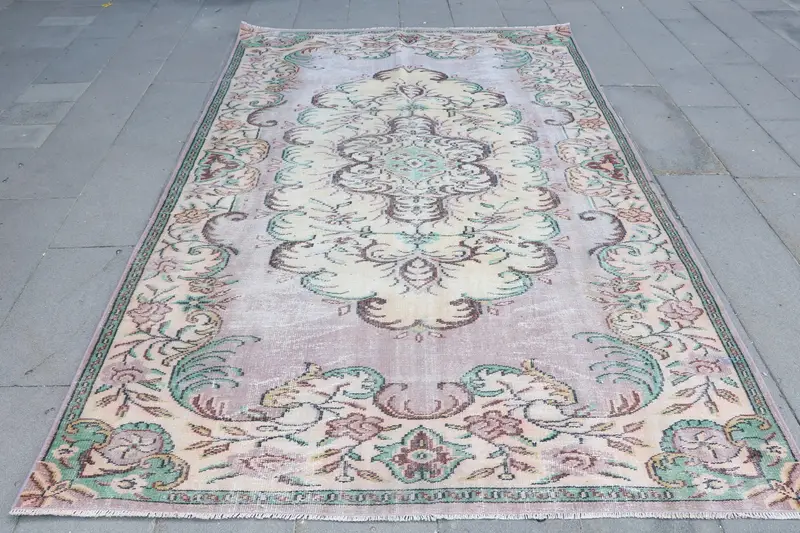Türk Büyük Halı 5.8x9.7 ft, Vintage Oushak Pembe Bordürlü Yün Halı - 1