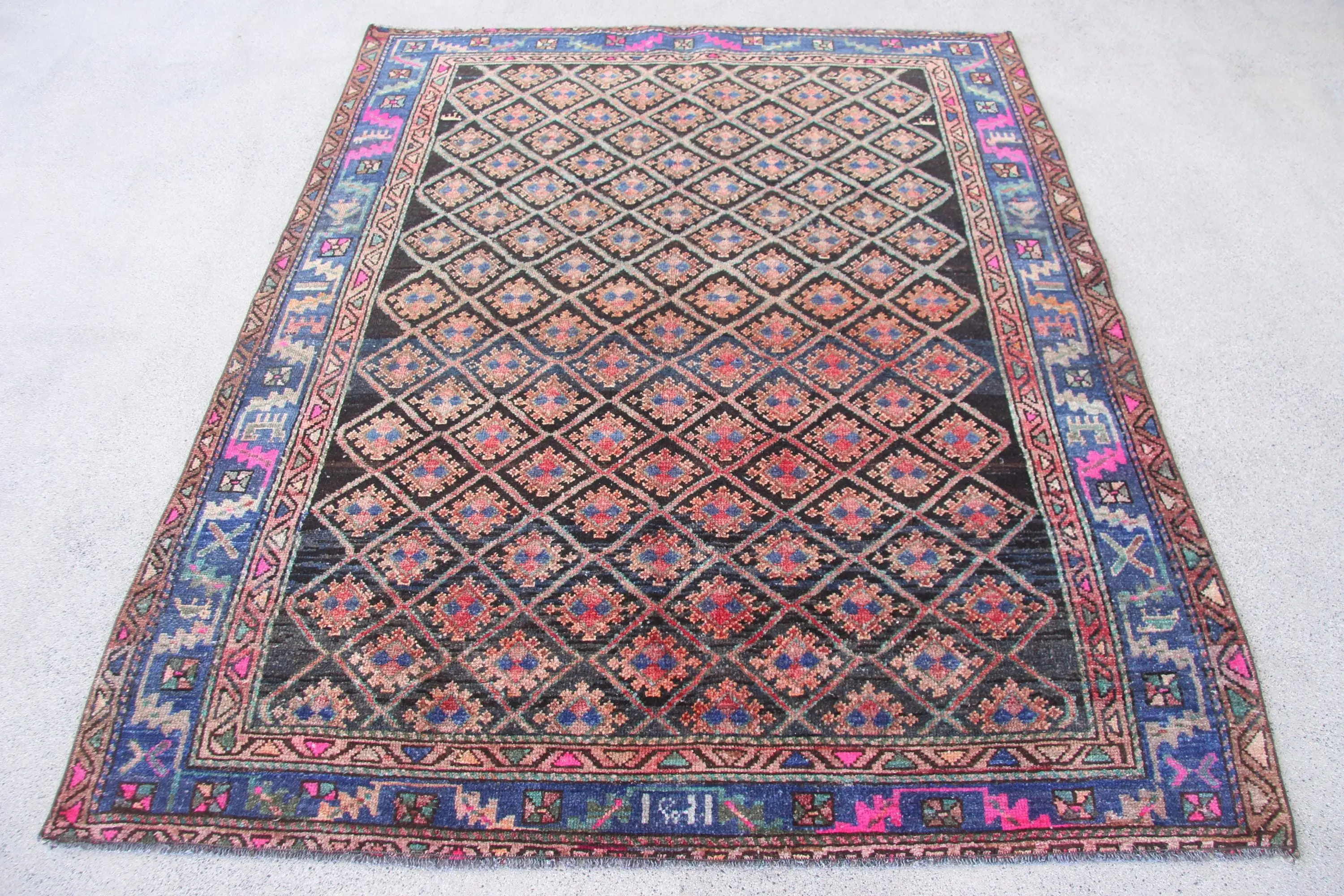 Türkischer 4,9 x 6 Fuß Teppich, Vintage-Teppich, blau-roter Patchwork-Teppich - 1
