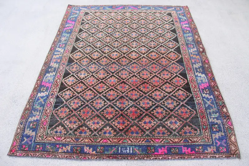 Elegante alfombra de patchwork en negro y azul, decoración elegante de 4,9 x 6 pies