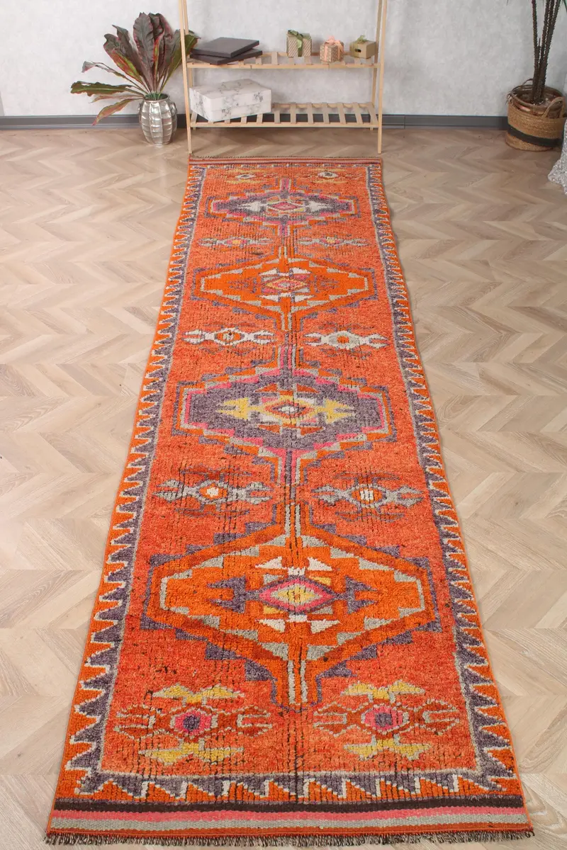 Türk Vintage Yolluk Halısı 3.2x11.8 ft (96x360 cm), Turuncu Düz Herki Halı - 1