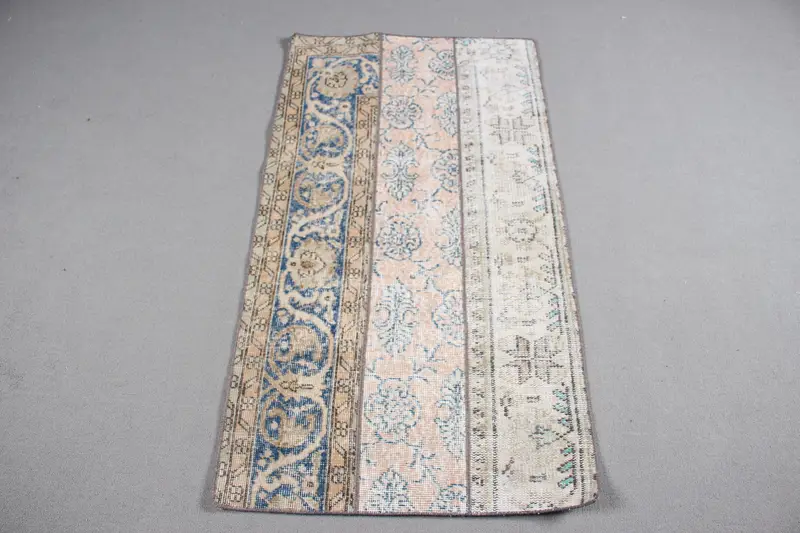 Vintage Türk Küçük Halısı 2.4x4.5 ft, Mavi Beyaz Kareli Yün Halı - 1