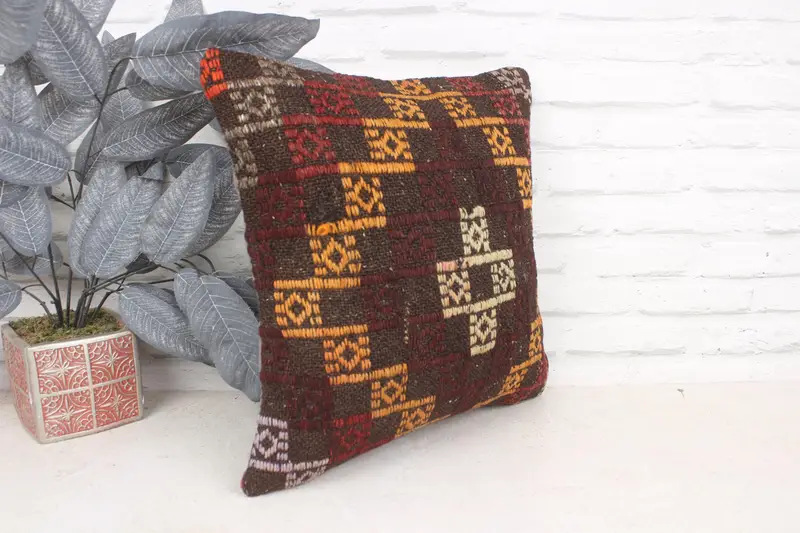 Nomadic Pillow Cover, Antique Pillows, Throw Kilim Pillow, Decorative Bolster Pillow, Pillow Cover, 16x16 Yellow Pillow Sham, Boho Pillow Sham Cover - 3