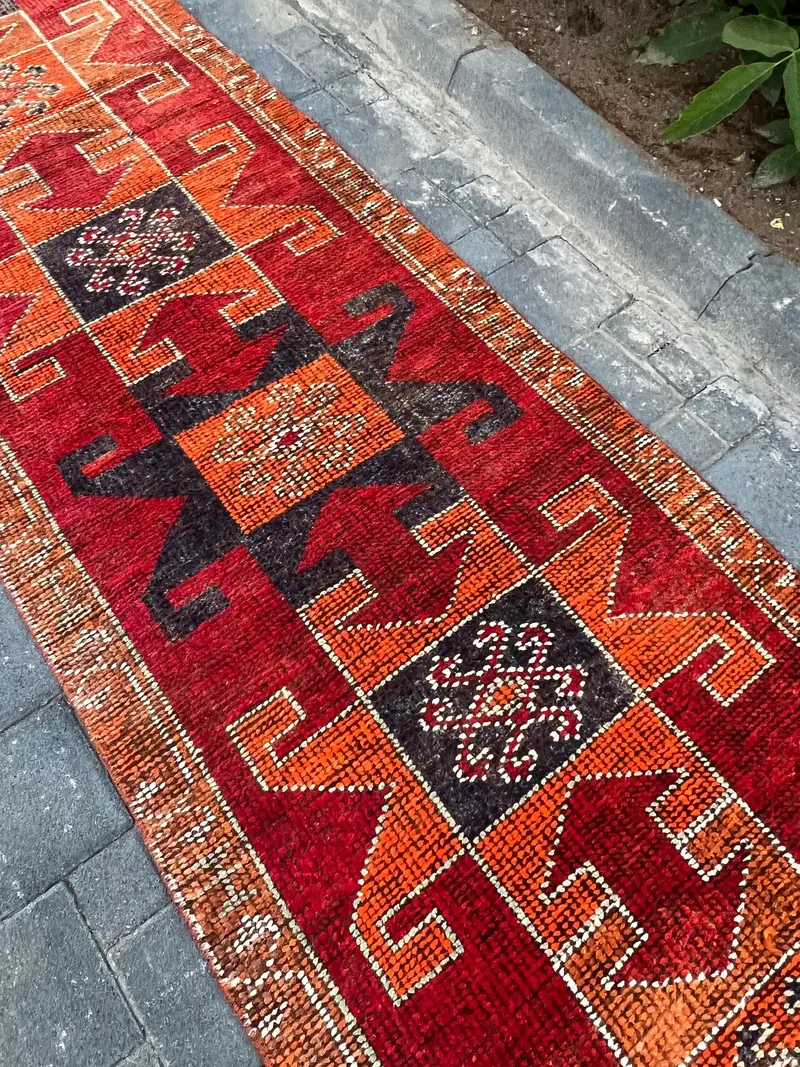 Vintage Turkish Rug 3x10.6 ft, Red Herki Oriental Rug - 1