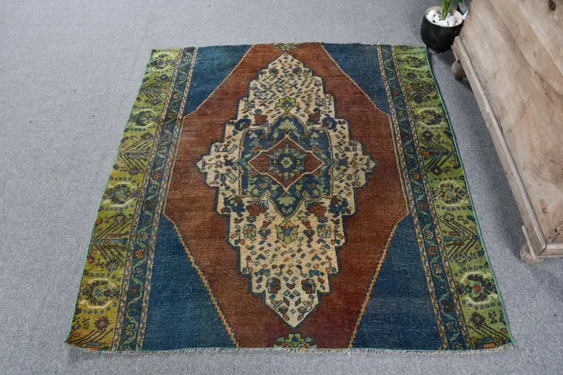 Handmade Brown & Blue Rug, 0.4x4 ft Bordered Design