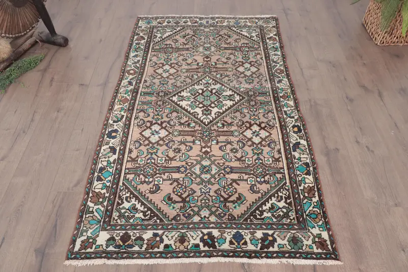 Vintage Turkish Rug, 3.3x5.6 ft Accent Rug, Brown Blue Striped Rug - 1
