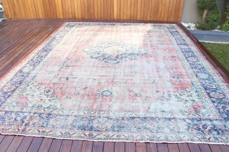 Alfombra turca vintage Oushak de gran tamaño 10,2x12,7 pies, lana de alfombra azul Ombré - 1