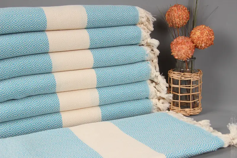 Personalized Diamond Towel Organic Cotton Blue Beige, 40x71 Inches