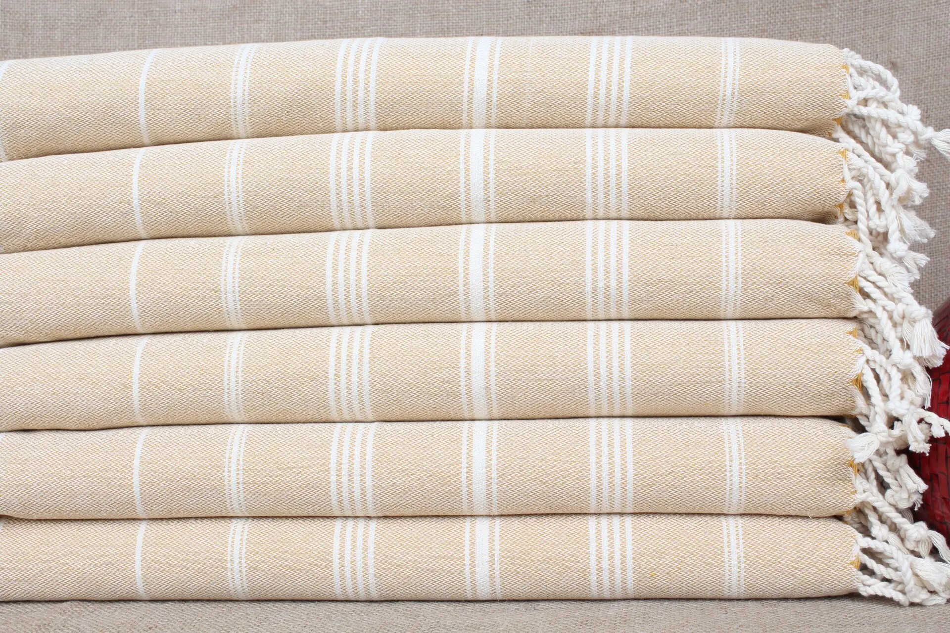 Personalized Turkish Towel Mustard Striped Beige, 24x38 Inches - 1