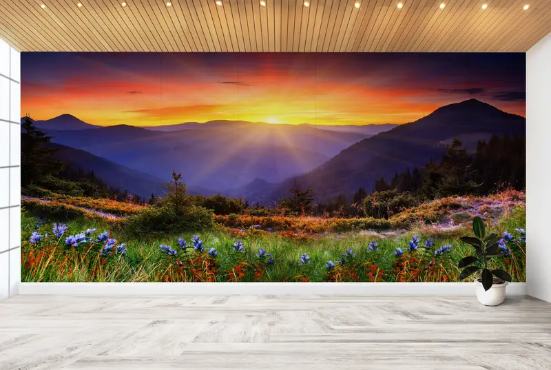Gedruckte Tapete mit Blick auf den Sonnenaufgang: Natur, Landschaft und Bergschönheit