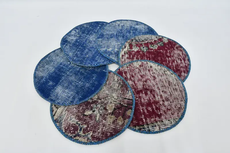 Mantel individual bohemio circular, decoración de lana de algodón azul y rojo