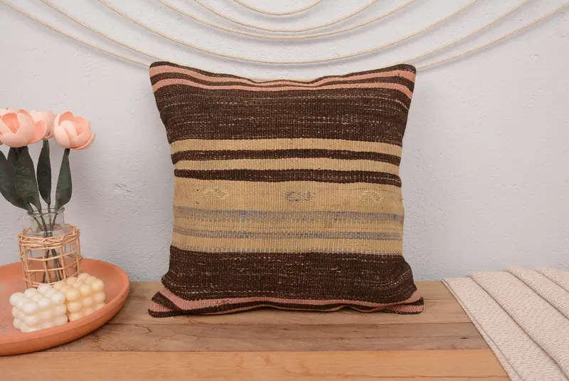 Antique Pillows, Lounge Throw Cushion Cover, Throw Kilim Pillow, Vintage Pillow Case, 18x18 Brown Cushion Cover, Kilim Cushion Sham, Pillow Case - 2
