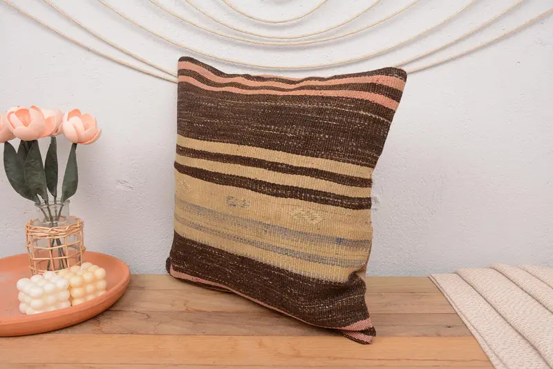 Antique Pillows, Lounge Throw Cushion Cover, Throw Kilim Pillow, Vintage Pillow Case, 18x18 Brown Cushion Cover, Kilim Cushion Sham, Pillow Case - 4